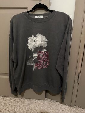Ena Pelly Charcoal Crewneck with White Floral and Pink Logo